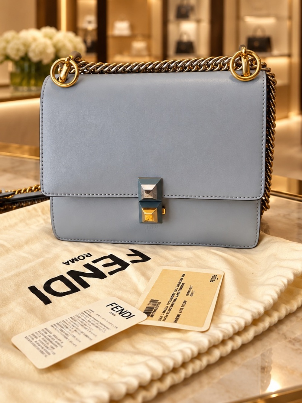 Fendi Kan I Small Light Blue Smooth Leather Shoulder Bag Gold-Tone Chain Studs